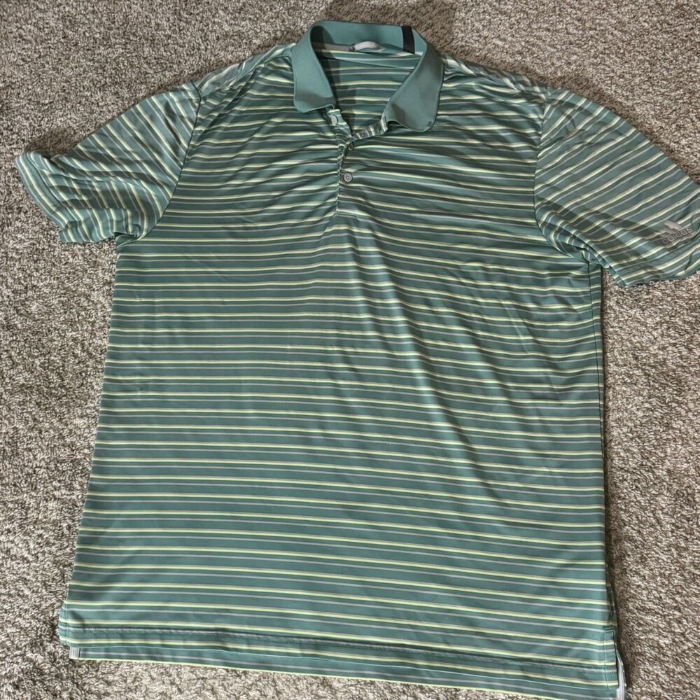Adidas Polo Shirt Mens L Green Gray Yellow Striped Short Sleeve Performance